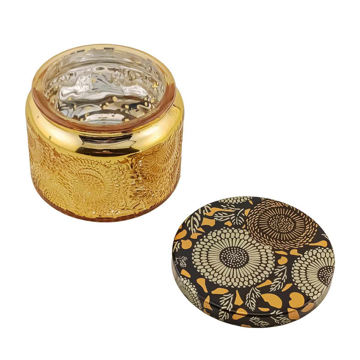 140ml - Londres Vaso de vidrio para velas - Dorado con Relieve y Tapa