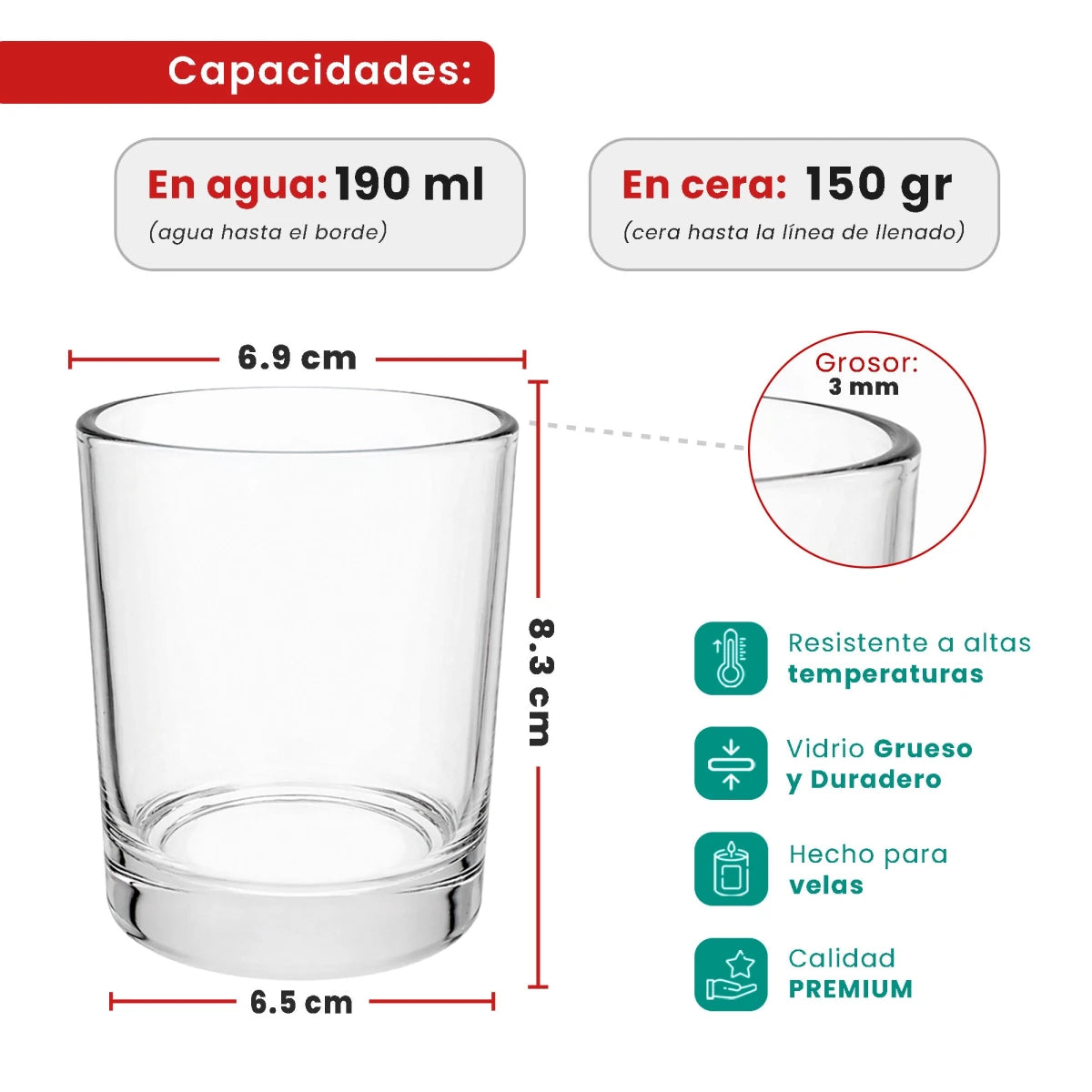 190ml - Mónaco Vaso de Vidrio con Base Gruesa - Vaso Old Fashioned para Velas - Cristal Transparente - Candle Craft