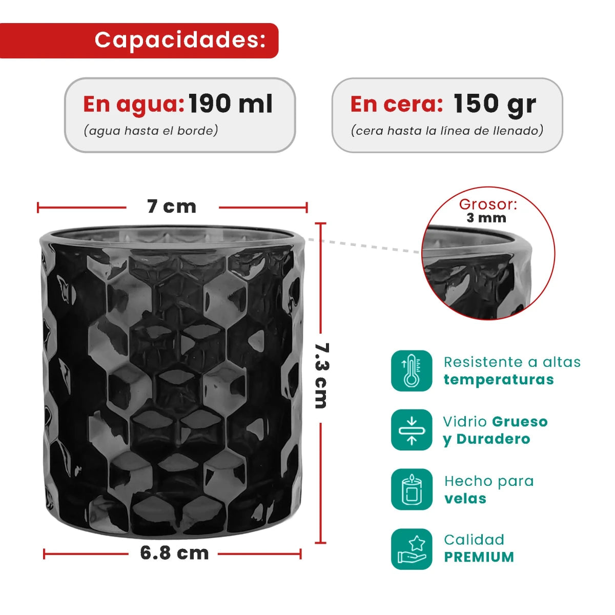 190ml - Oslo Vaso de vidrio con Patrón Hexagonal para velas - Gris Oscuro - Candle Craft