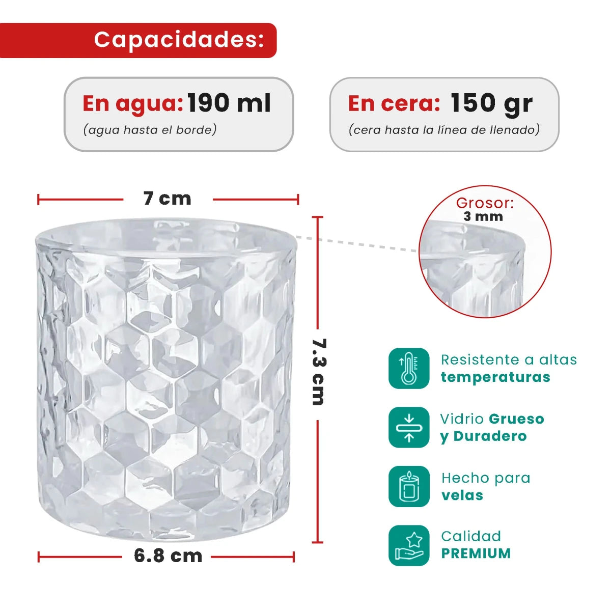190ml - Oslo Vaso de Vidrio con Patrón Hexagonal para velas - Transparente - Candle Craft
