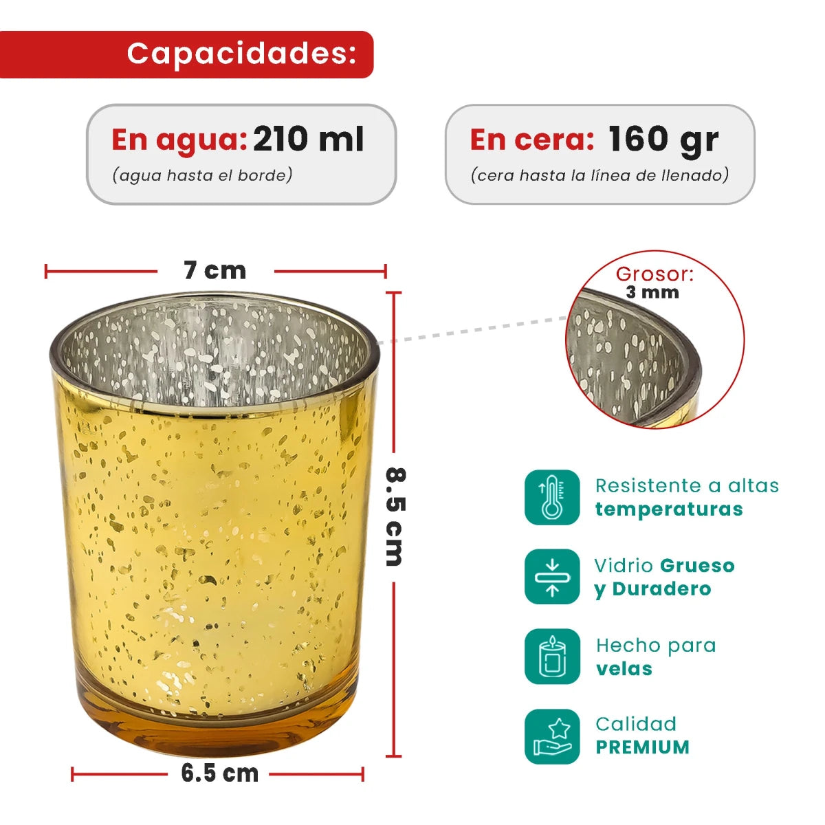210ml - Mónaco Vaso de Vidrio para Velas - Dorado con Salpicaduras Metálico - Candle Craft