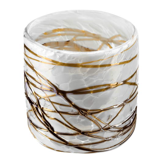 260ml - Florencia Vaso de vidrio soplado artesanal - Blanco Marmoleado / Telarañas Dorado Caramelo - Hecho a mano - Candle Craft