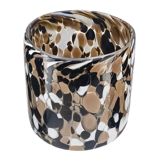 260ml - Florencia Vaso de vidrio soplado artesanal - Frasco Transparente / Puntos Manchas Blanco Café Negro - Hecho a mano - Candle Craft