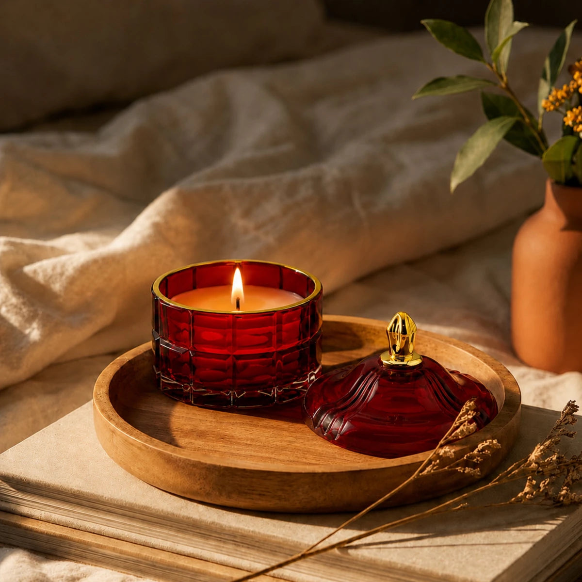 270ml - Cannes Vaso de lujo de vidrio para velas Rojo Vino Tinto - Frasco de Vidrio Rojo Cereza con Oro - Candle Craft