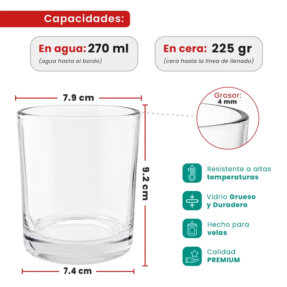 270ml - Mónaco Vaso de Vidrio con Base Gruesa - Frasco Old Fashioned para Velas - Cristal Transparente - Candle Craft