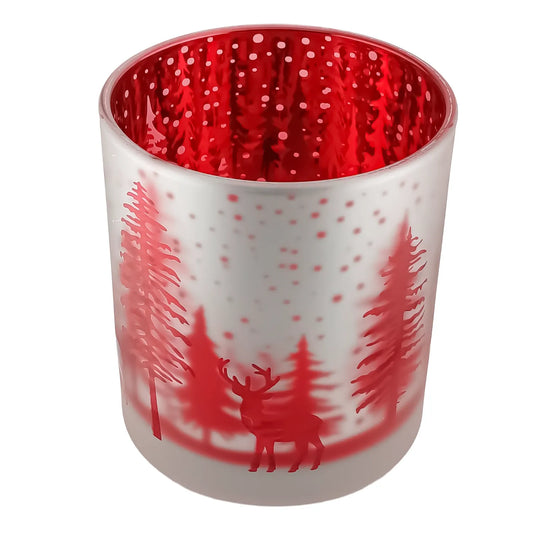 300ml - Mónaco Vaso de vidrio para velas - Plateado Mate y Rojo Metálico con Renos Pinos de Navidad