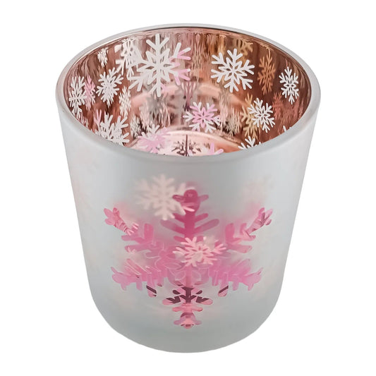 300ml - Mónaco Vaso de vidrio para velas - Blanco Mate / Rosa Metálico con Copos de Nieve - Diseño navideño - Candle Craft
