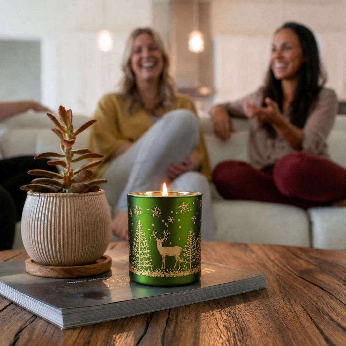 300ml - Mónaco Vaso de vidrio para velas - Frasco Verde Mate / Metálico con Silueta de Pinos de Navidad y Renos - Candle Craft