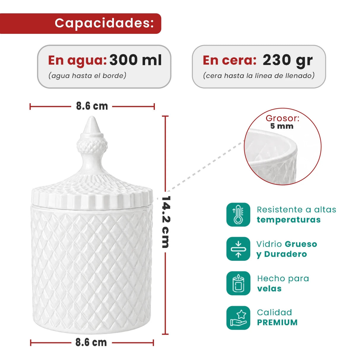 300ml - París Vaso de lujo de vidrio para velas - Frasco para Velas - Blanco Brillante - Candle Craft
