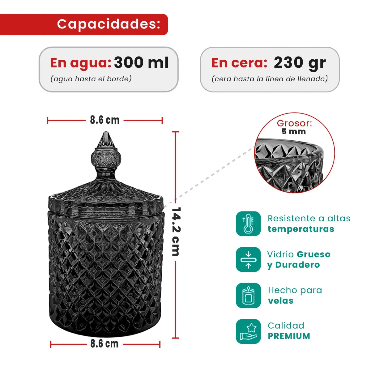 300ml - París Vaso de lujo de vidrio para velas - Gris Oscuro / Humo - Candle Craft