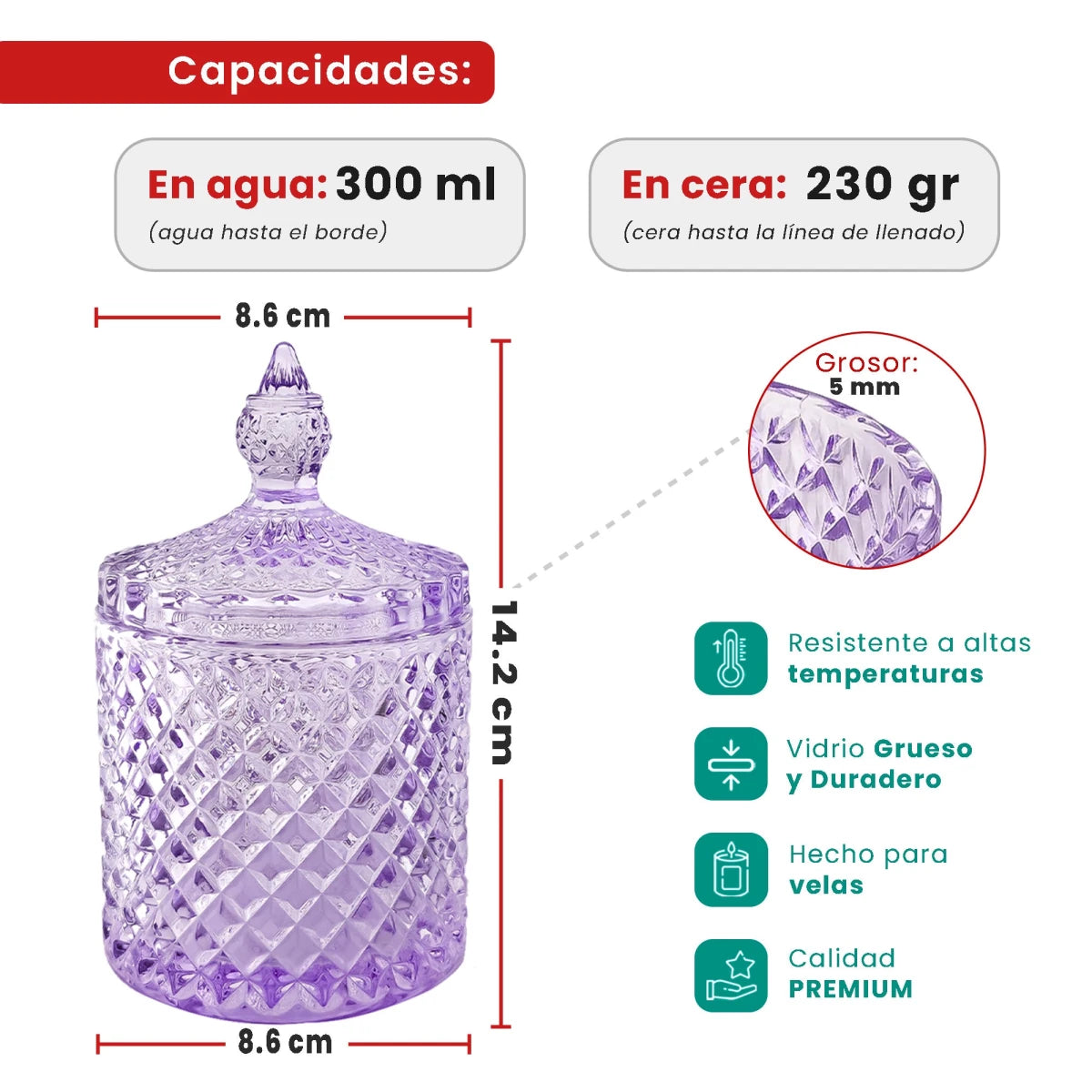 300ml - París Vaso de lujo de vidrio para velas - Morado Brillante - Candle Craft