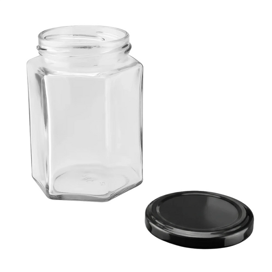 300ml - Vaso de Vidrio Hexagonal para Velas - Frasco con Tapa Negra Brillante de Aluminio - Candle Craft