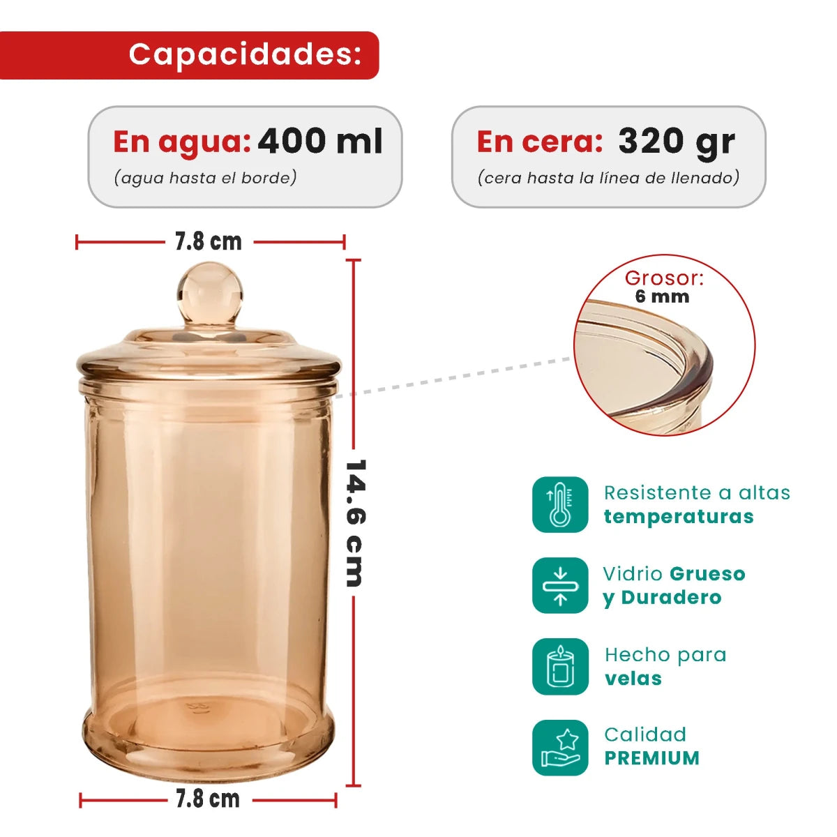 400ml - Oxford Vaso de vidrio para velas estilo columna cilíndrico - Ámbar / Champagne Transparente - Candle Craft