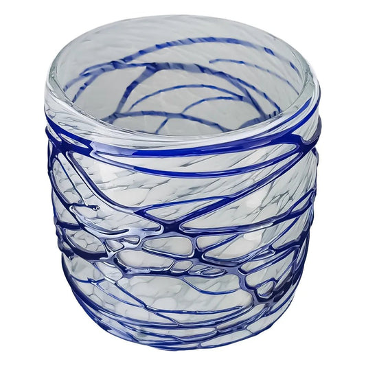 500ml - Florencia Vaso de vidrio soplado artesanal - Frasco Blanco Marmoleado / Telarañas Azul Tornasol - Hecho a mano - Candle Craft