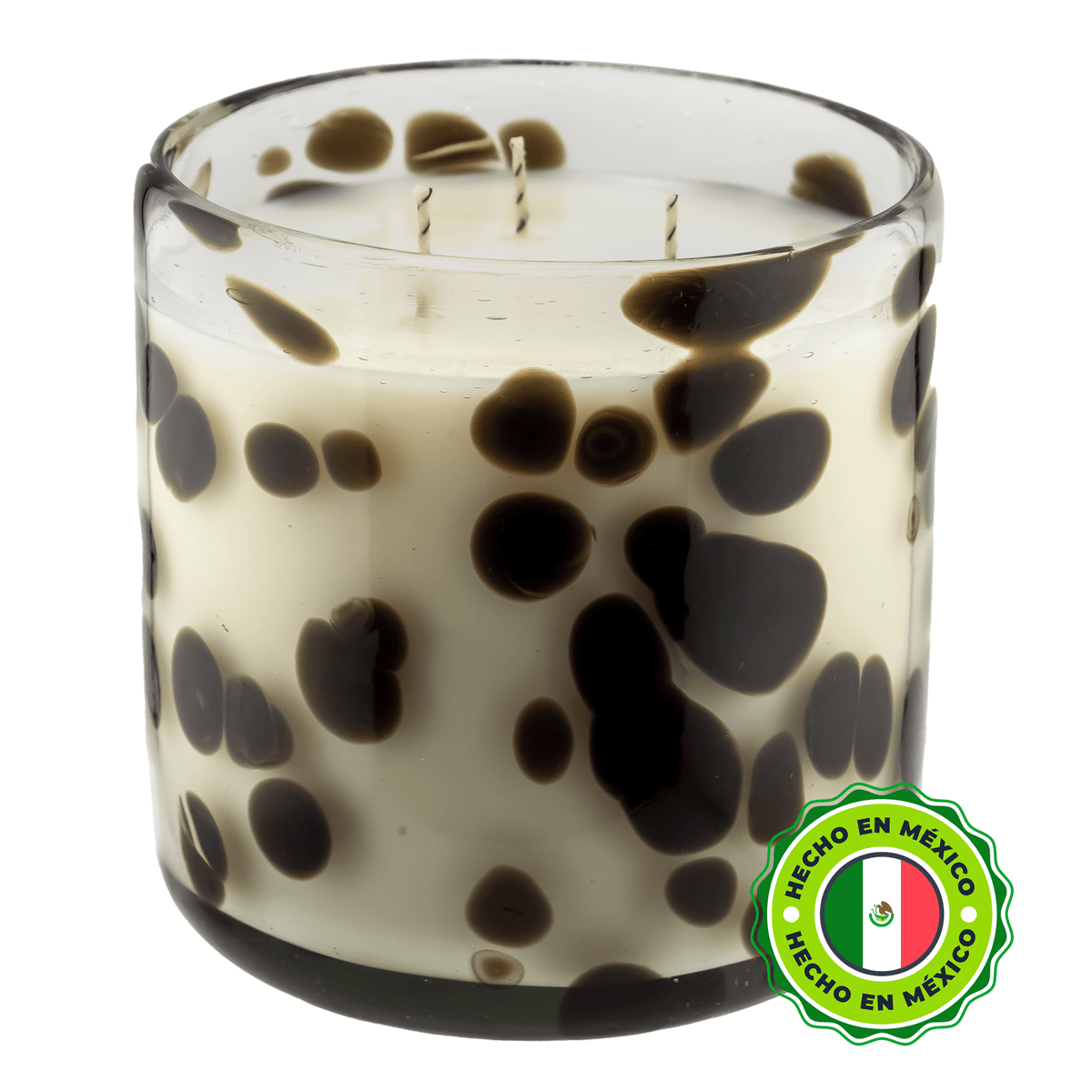 500ml - Florencia Vaso de vidrio soplado artesanal - Transparente / Manchas Puntos Café Negro - Hecho a mano - Candle Craft