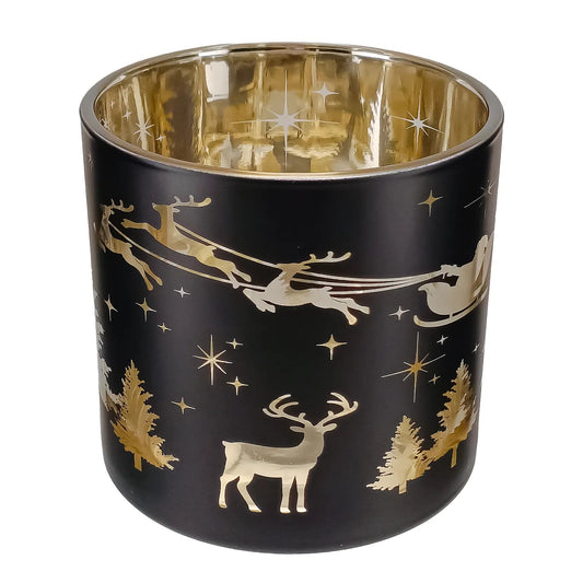 560ml - Mónaco Vaso de vidrio para velas - Negro Mate / Metálico con Siluetas de Pino y Reno - Candle Craft