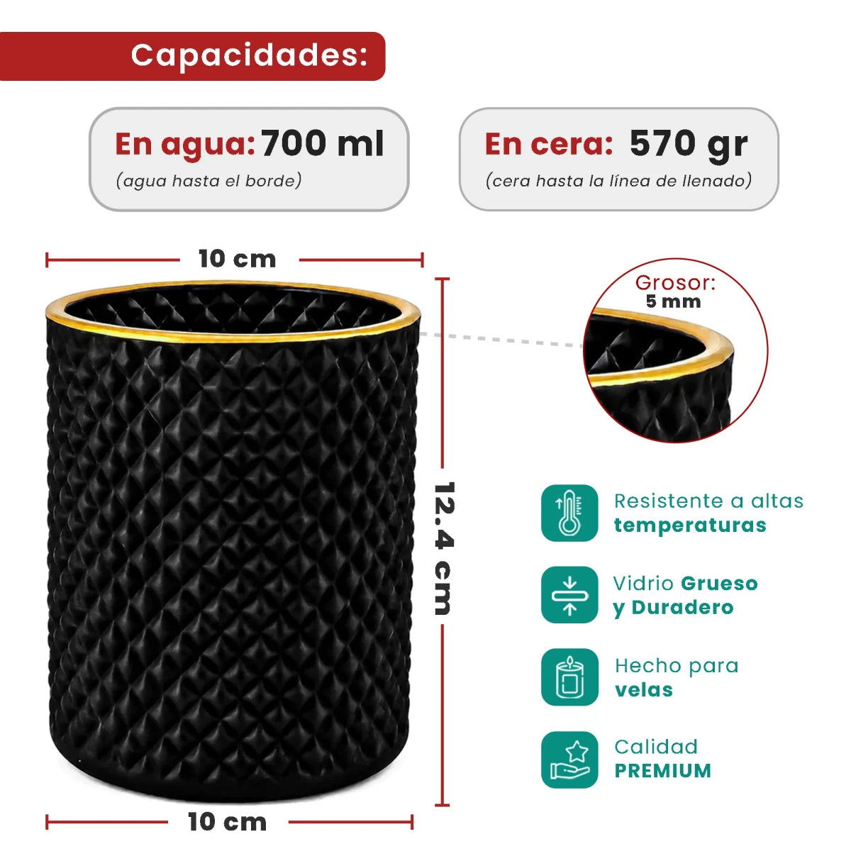 700ml - París Vaso de Vidrio con diseño Diamante - Frasco para Velas - Negro Mate con Oro - Candle Craft