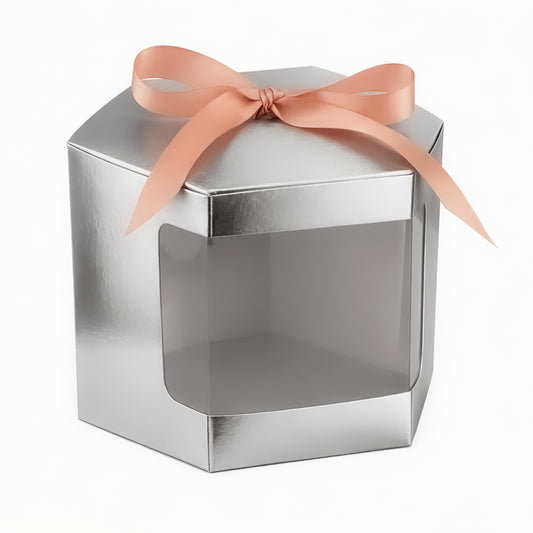 Caja Decorativa Hexagonal para Velas - Plata con Ventana Transparente | Grande 10x10 cm