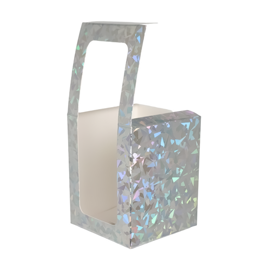 Caja Decorativa Cuadrada para Velas – Plateada - Patrón de Triángulos Brillantes con Ventana Transparente | Chica 8x10 cm