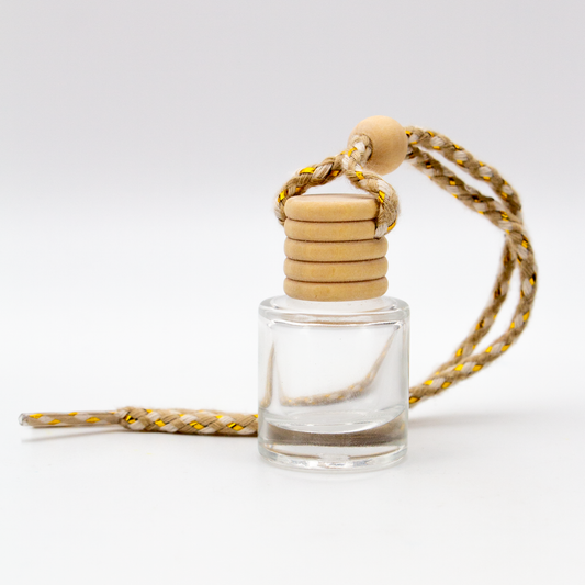 Difusor Aromático / Aromatizante para Auto / Carro – Frasco Colgante Recargable de Vidrio y Madera Cilindrico - Transparente 5ml