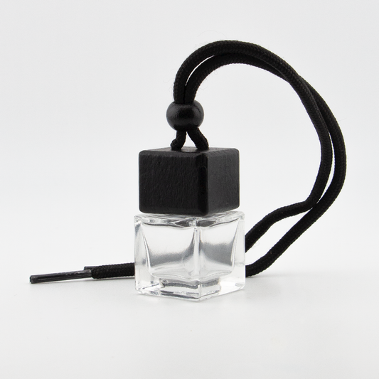 Difusor Aromático / Aromatizante para Auto / Carro – Frasco Colgante Recargable de Vidrio y Madera Tapa Cuadrada - 8ml