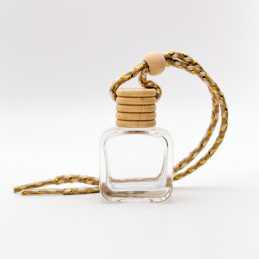 Difusor Aromático / Aromatizante para Auto / Carro – Frasco Colgante Recargable de Vidrio y Madera Cuadrado - Transparente 10ml