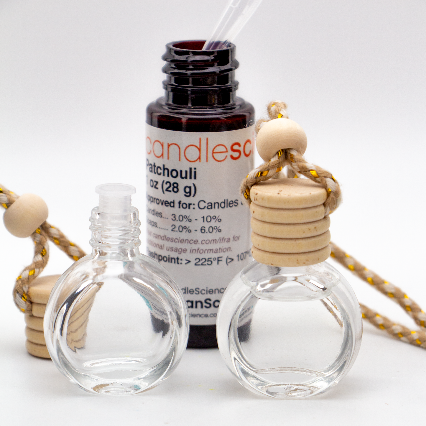 Difusor Aromático / Aromatizante para Auto / Carro – Frasco Colgante Recargable de Vidrio y Madera Redondo - Transparente 10ml