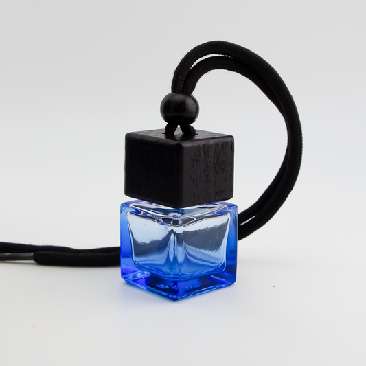 Difusor Aromático / Aromatizante para Auto / Carro – Frasco Colgante Recargable de Vidrio y Madera Tapa Cuadrada - Azul 8ml