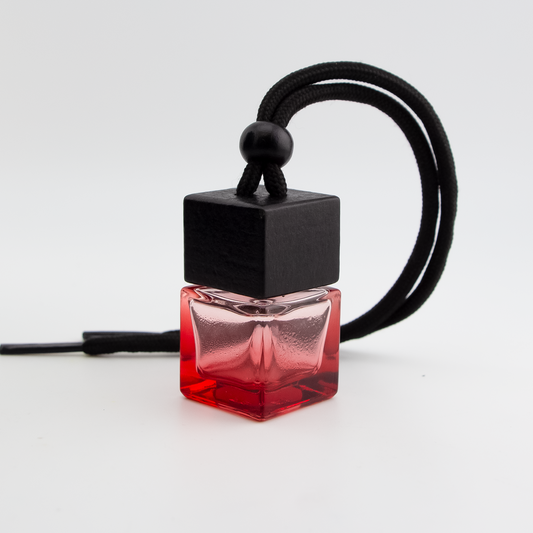 Difusor Aromático / Aromatizante para Auto / Carro – Frasco Colgante Recargable de Vidrio Rojo y Madera Tapa Cuadrada - Rojo 8ml