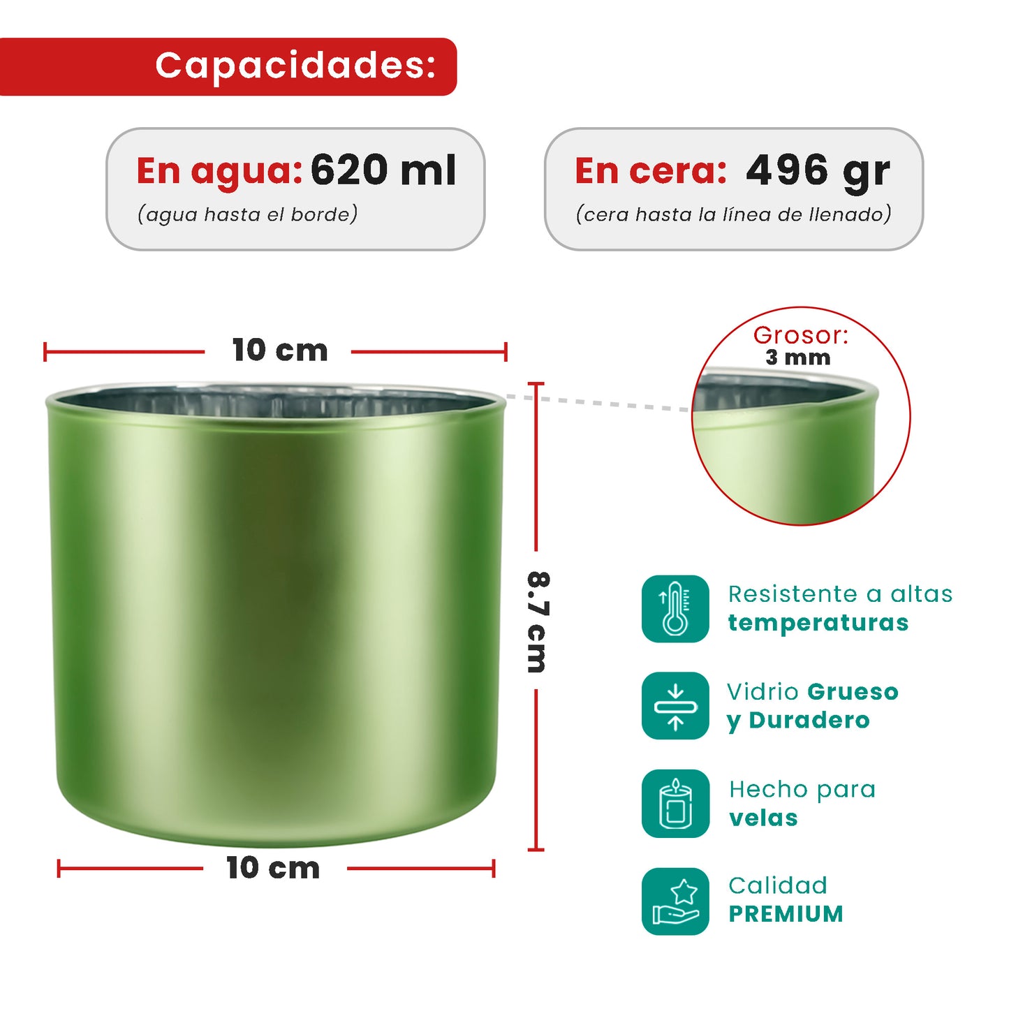 620ml - Mónaco Vaso de vidrio para velas - Inspirado en Bath Body Works® / White Barn® - Frasco Verde Mate / Metalico