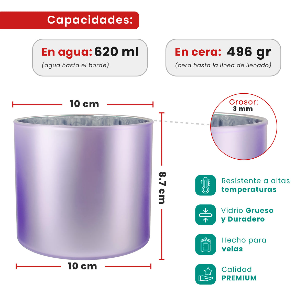 EOL - 620ml - Mónaco Vaso de vidrio para velas - Inspirado en Bath Body Works® / White Barn® - Frasco Morado Claro Mate / Metállico