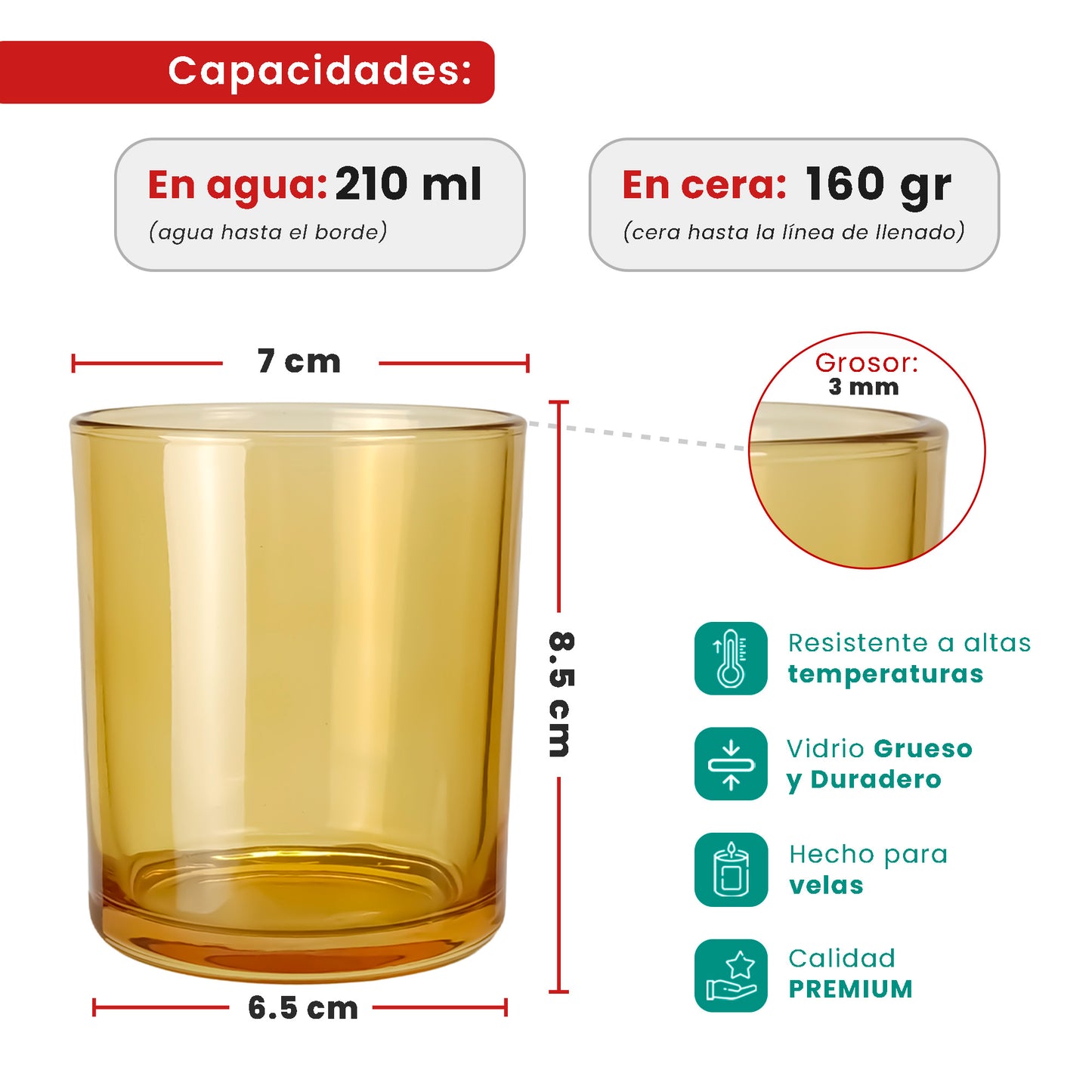 210ml - Mónaco Vaso de vidrio para velas - Frasco Champagne / Caramelo - Transparente
