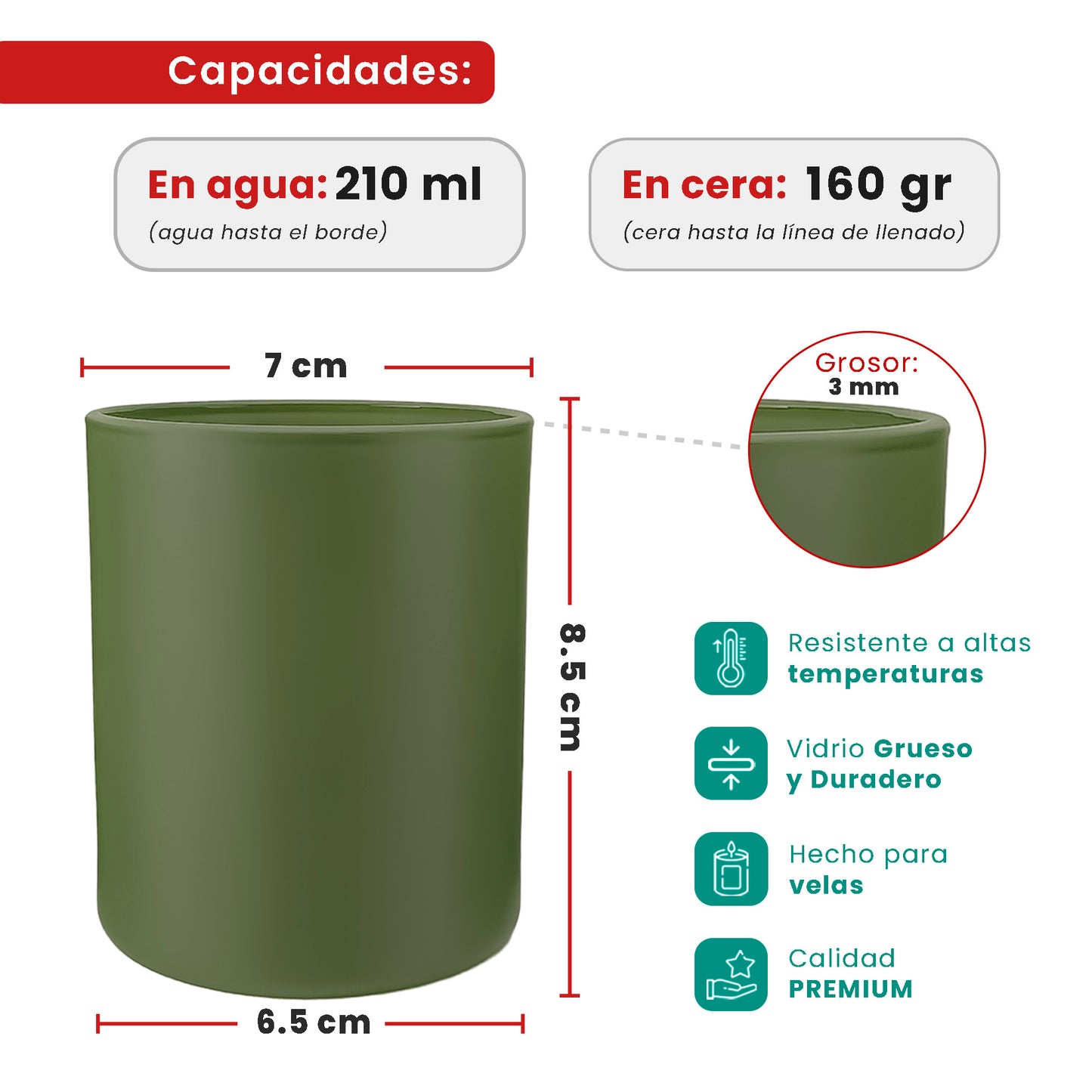 210ml - Mónaco Vaso de vidrio para velas - Frasco Verde Salvia - Mate