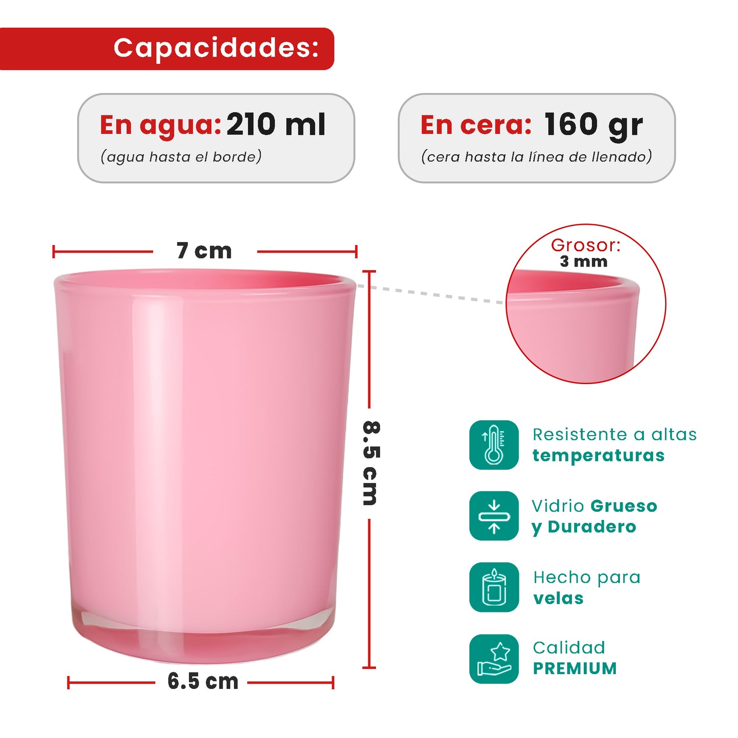 EOL - 210ml - Mónaco Vaso de Vidrio para Velas - Frasco Rosa Claro Brillante