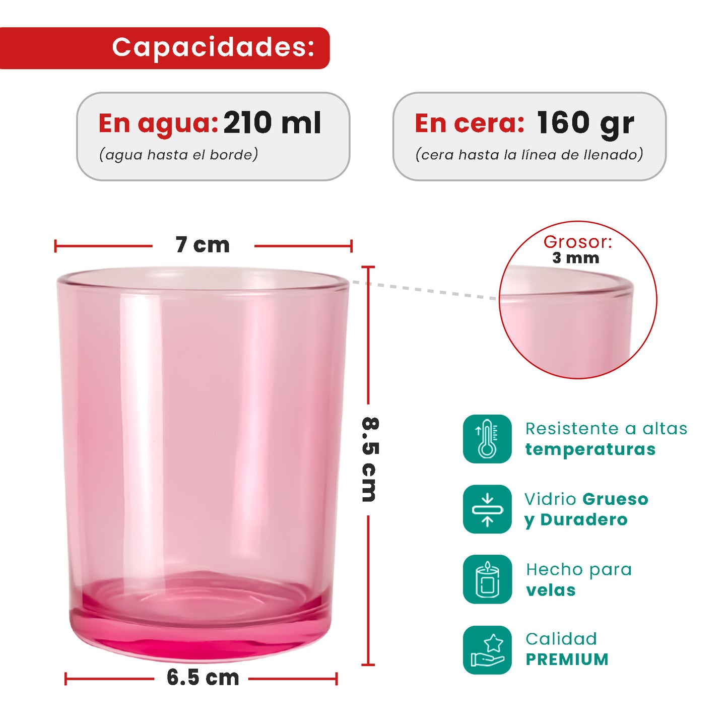 EOL - 210ml - Mónaco Vaso de vidrio para velas - Frasco Rosa Fucsia Transparente