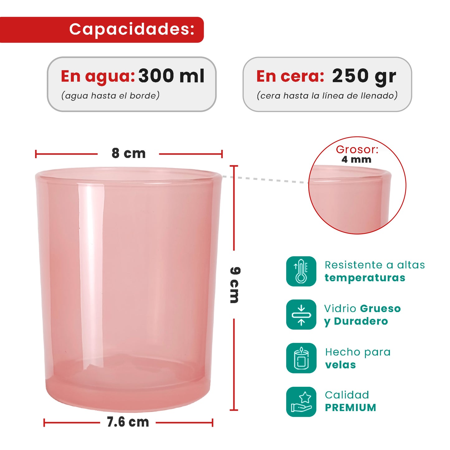300ml - Mónaco Vaso de vidrio para velas - Rosa Transparente