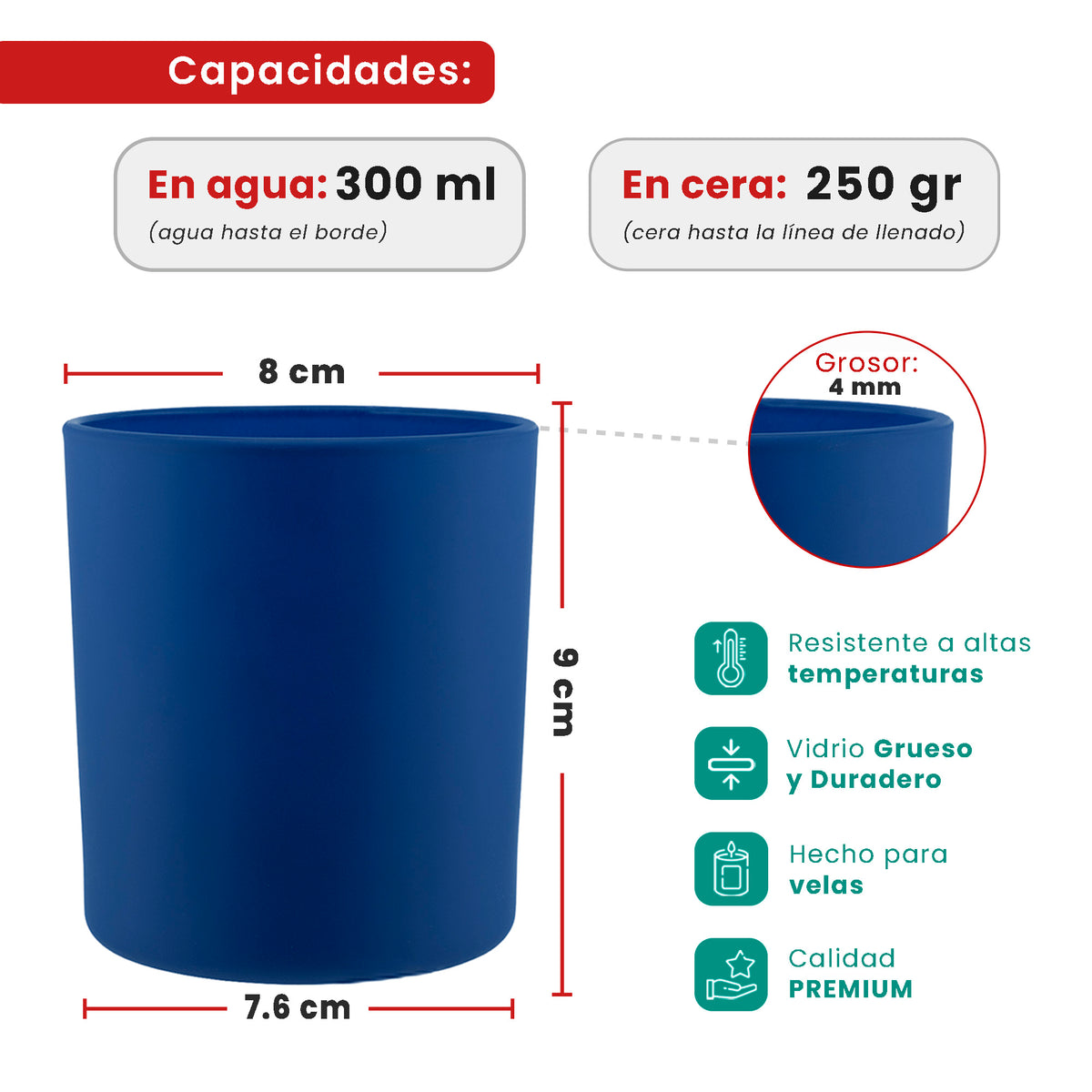 EOL - 300ml - Mónaco Vaso de vidrio para velas - Frasco Azul Cobalto / Azul Rey Mate