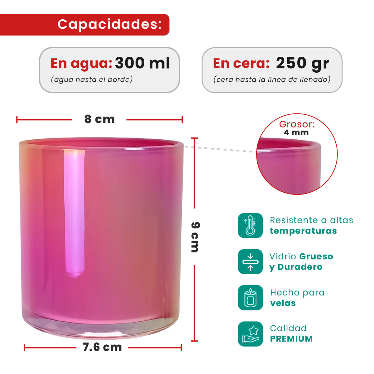 300ml - Mónaco Vaso de Vidrio para Velas - Frasco Rosa Flamingo Pink Arcoíris Tornasol Brillante