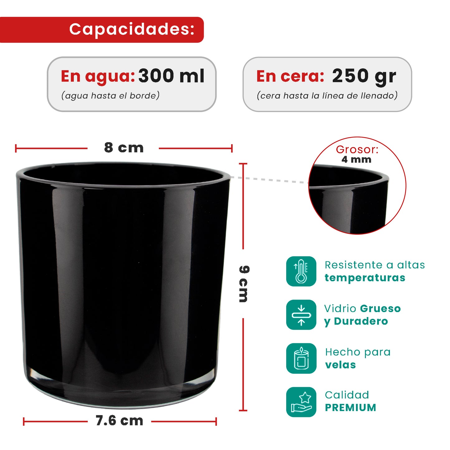 300ml - Mónaco Vaso de vidrio para velas - Negro Brillante