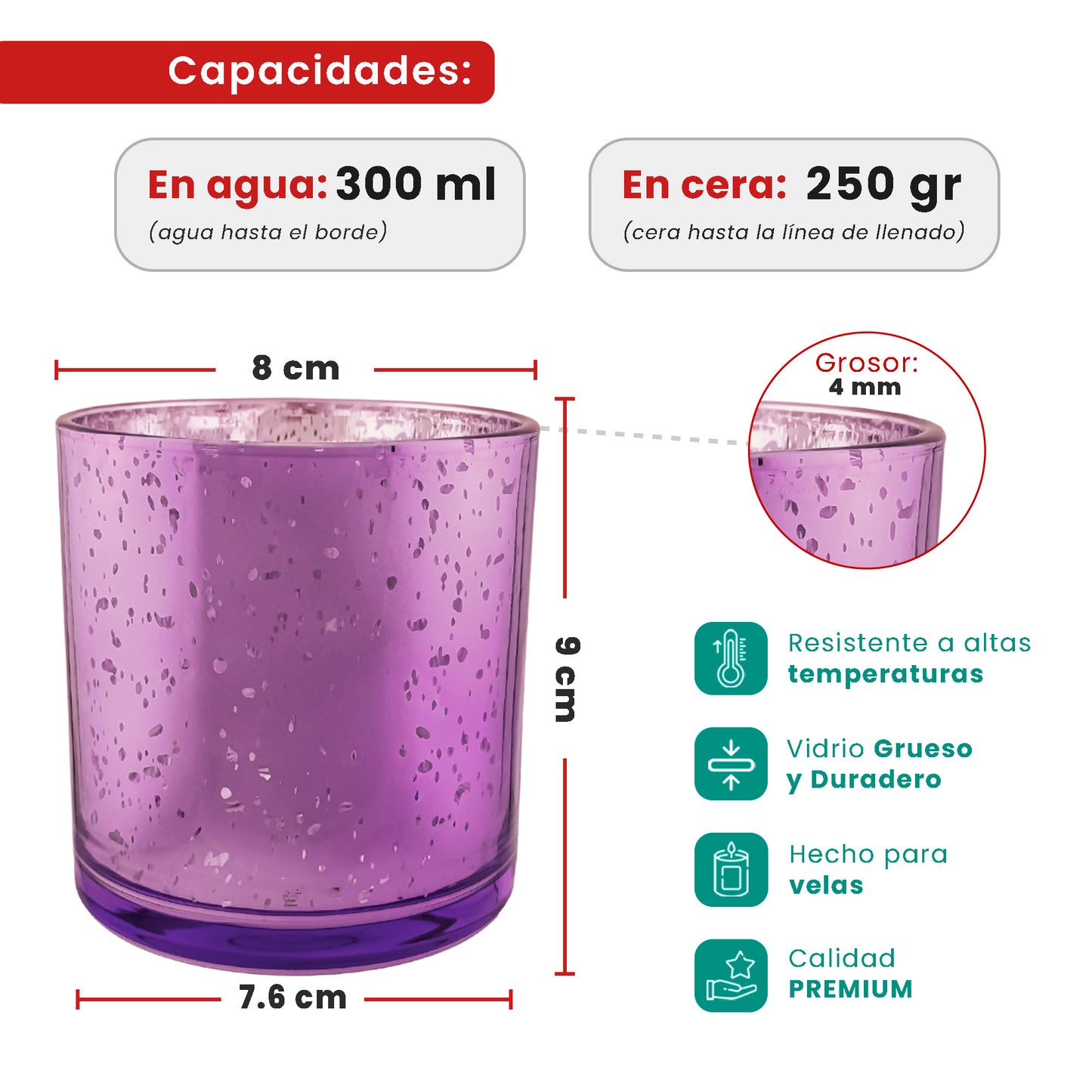 300ml - Mónaco Vaso de vidrio para velas - Frasco Morado Metálico con Salpicaduras