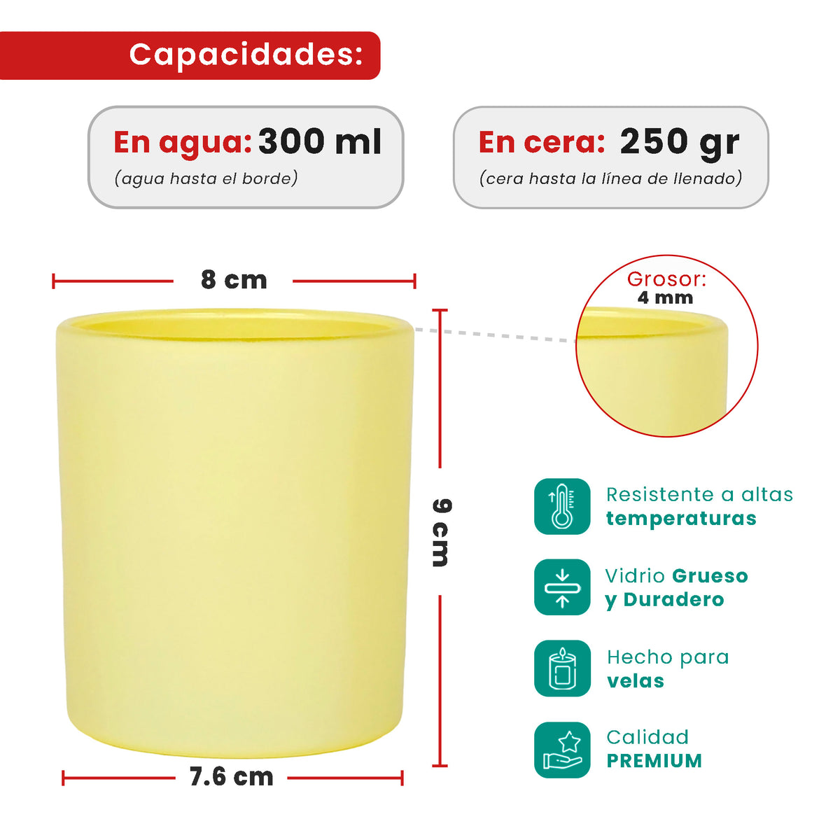 EOL - 300ml - Mónaco Vaso de vidrio para velas - Frasco Amarillo Pastel Mate