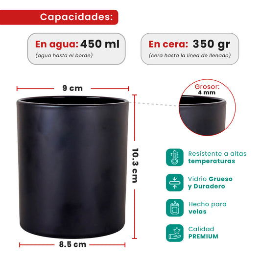 450ml - Mónaco Vaso de vidrio para velas - Frasco Negro Mate