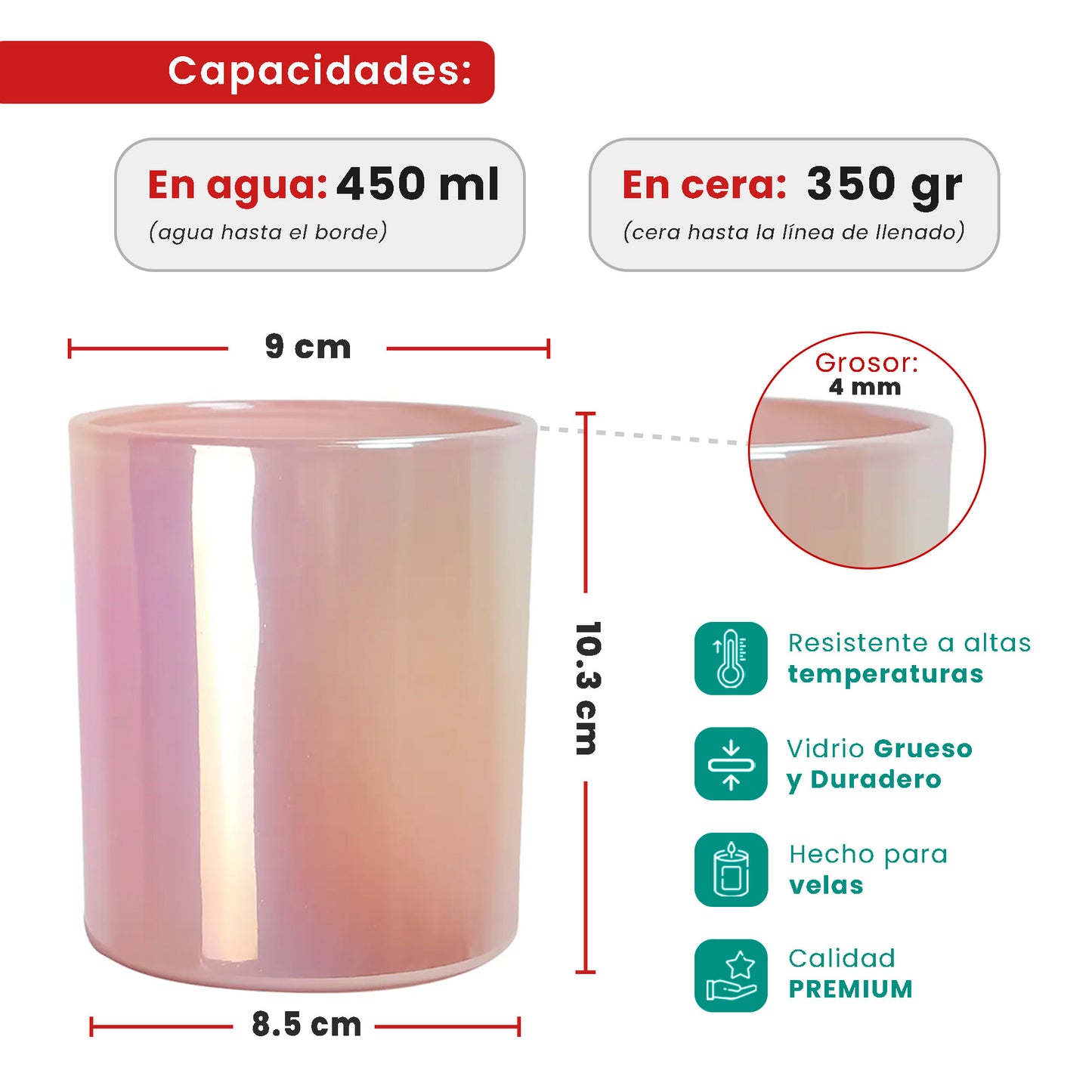 450ml - Mónaco Vaso de vidrio para velas - Frasco Rosa Brillante Tornasol