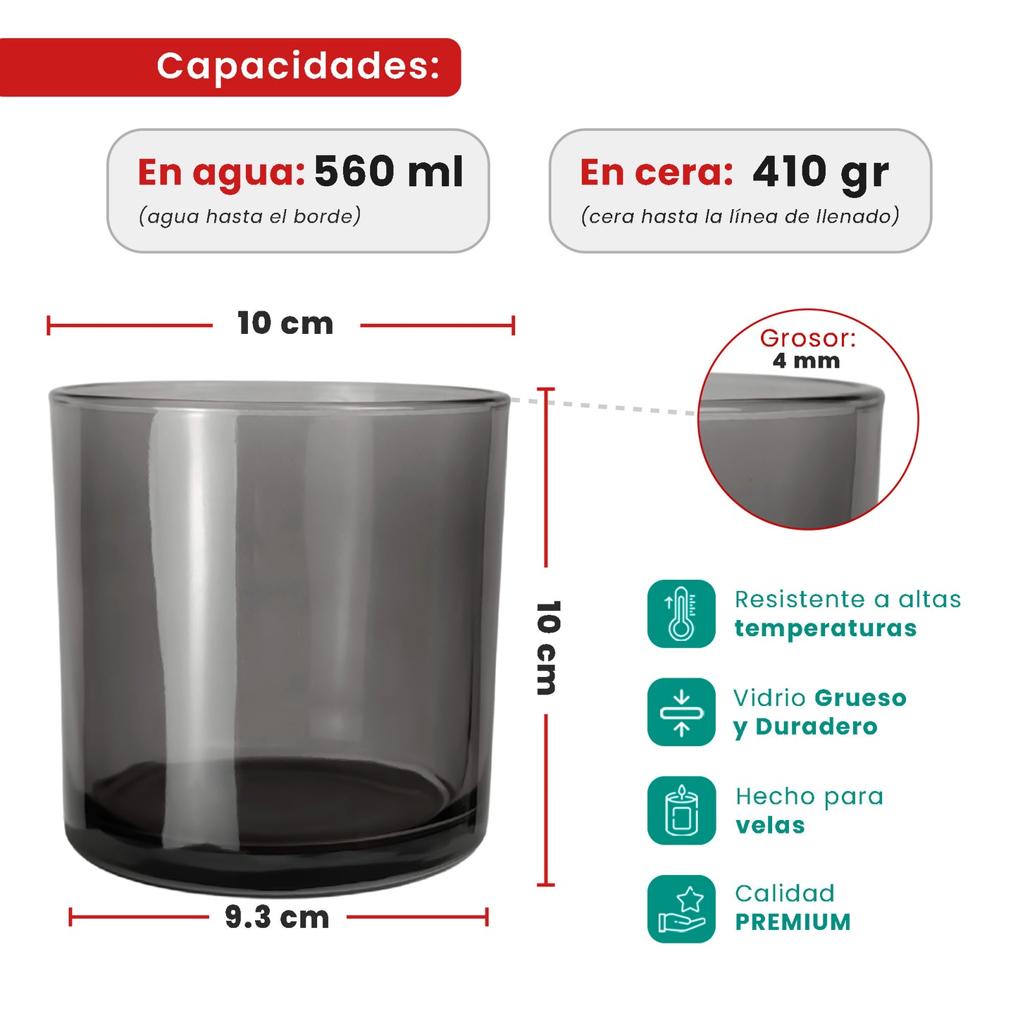 560ml - Mónaco Vaso de vidrio para velas - Gris Transparente