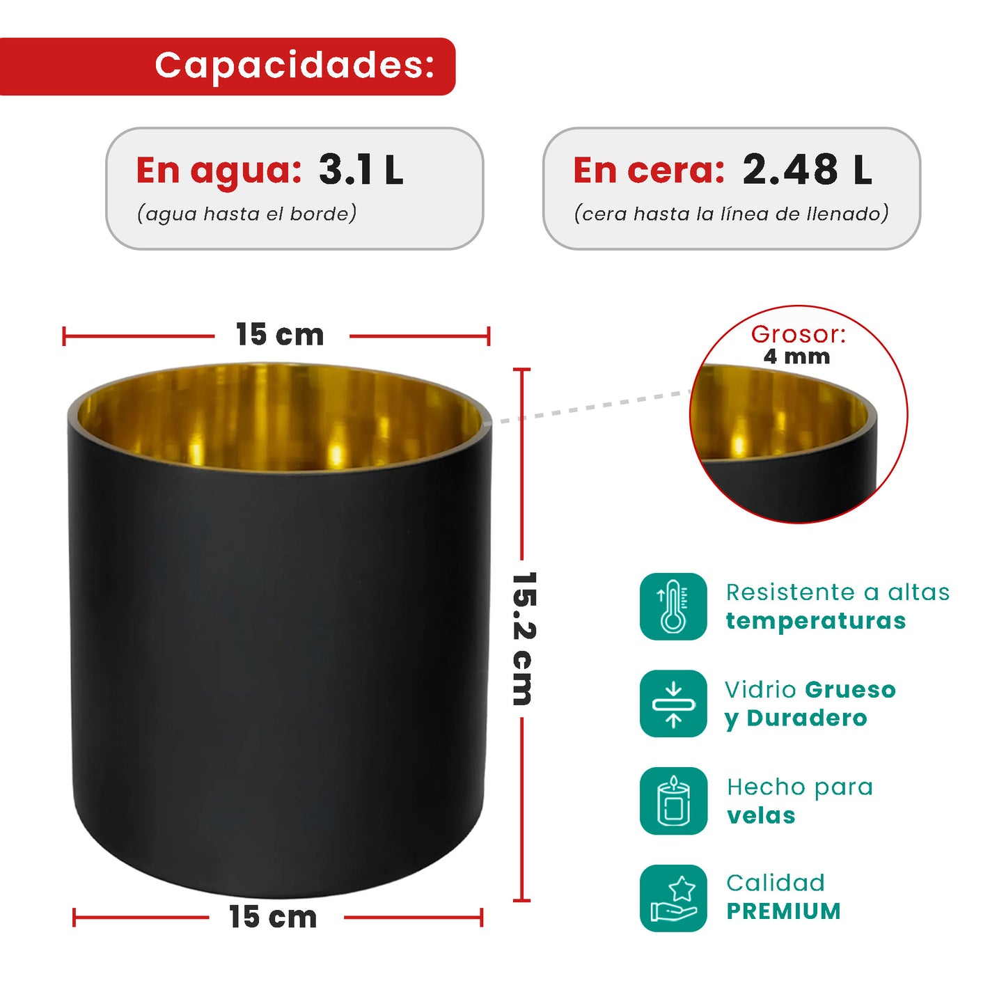 3100ml - Mónaco Vaso de Vidrio para Velas Extra Grande - Negro Mate / Dorado Metalico