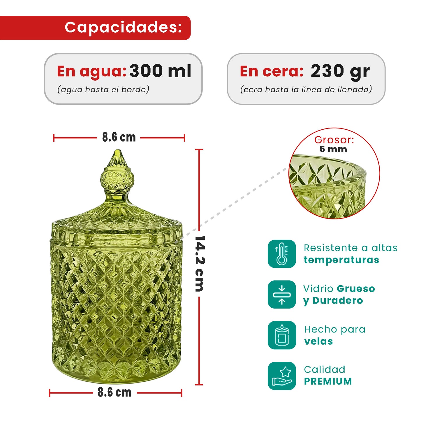 300ml - París Vaso de lujo de vidrio para velas - Frasco para Velas - Verde Claro Transparente