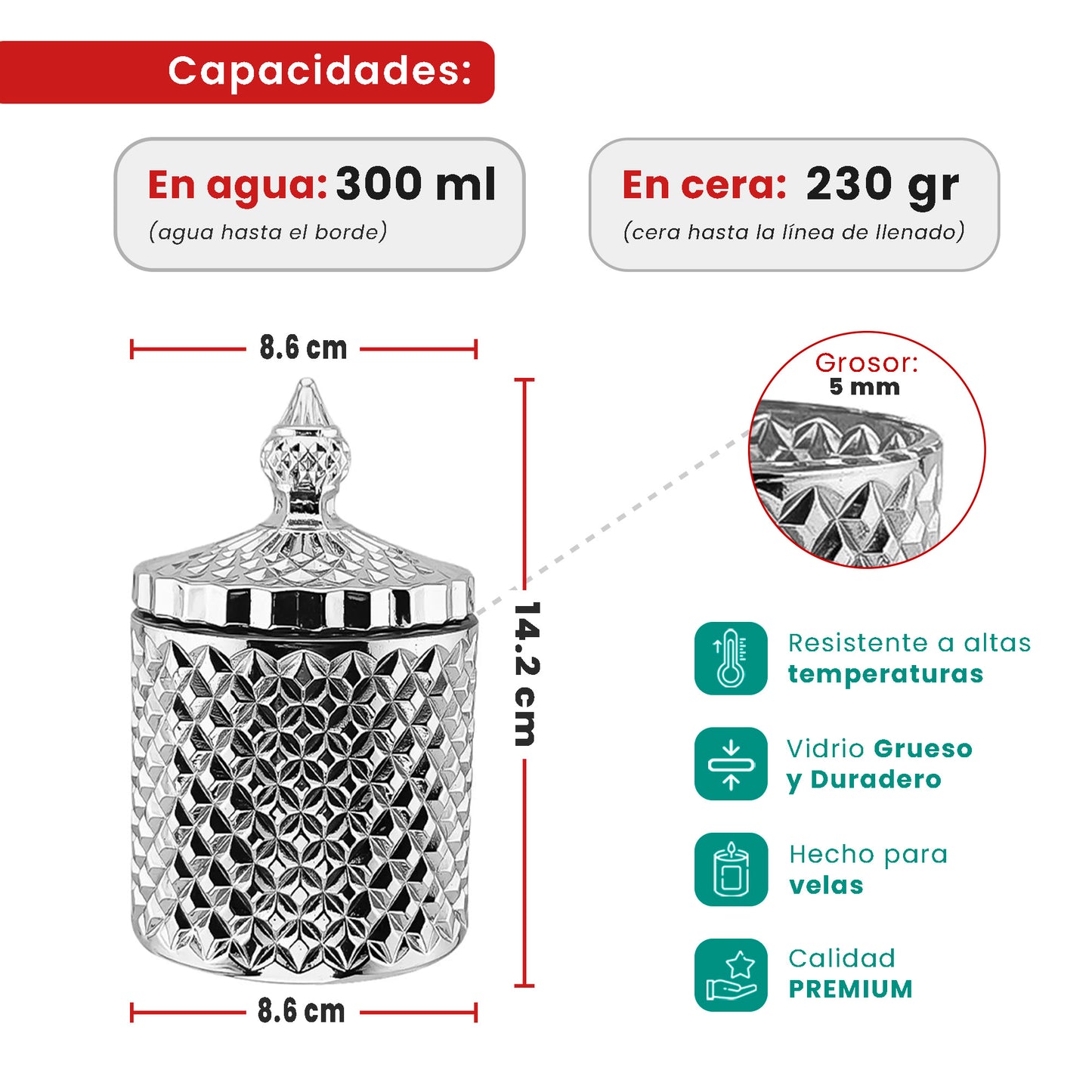 300ml - París Vaso de lujo de vidrio para velas - Frasco de vidrio Plateado Metálico