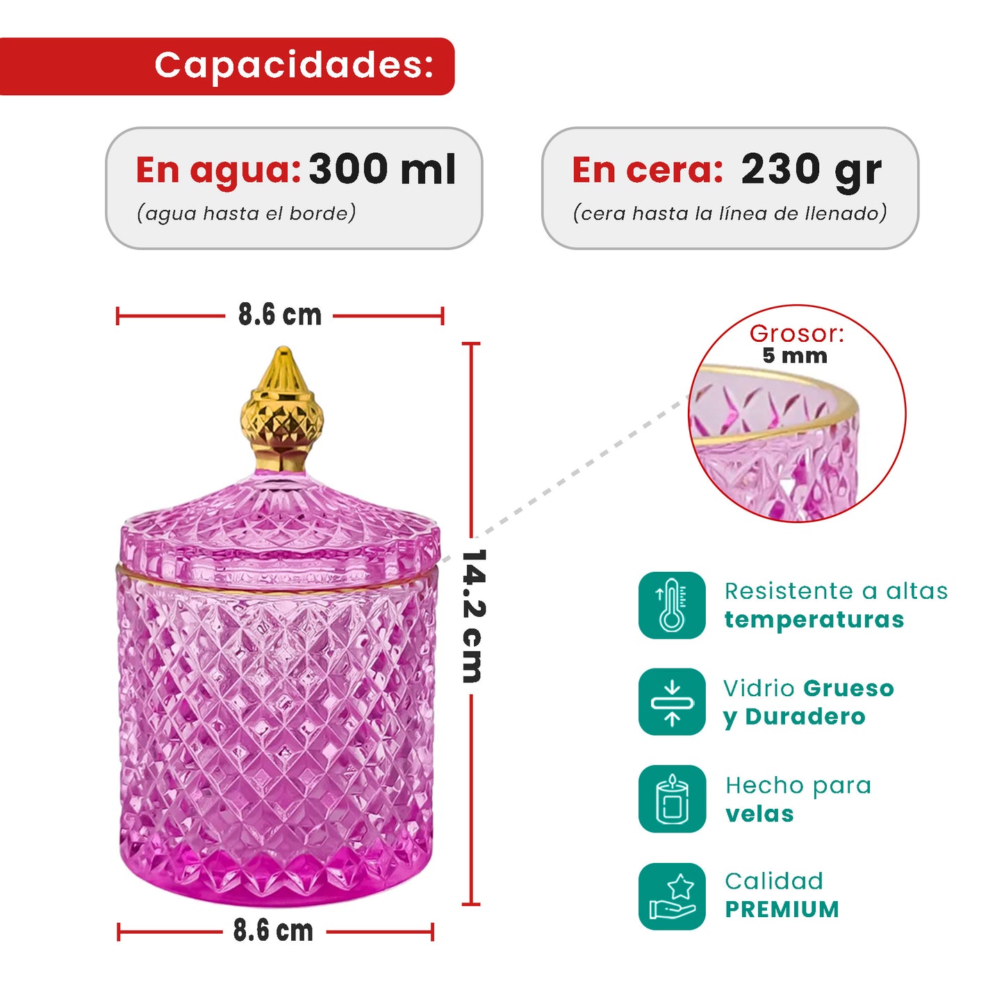 EOL - 300ml - París Vaso de lujo de vidrio para velas - Frasco Fucsia Morado Claro Magenta con Oro