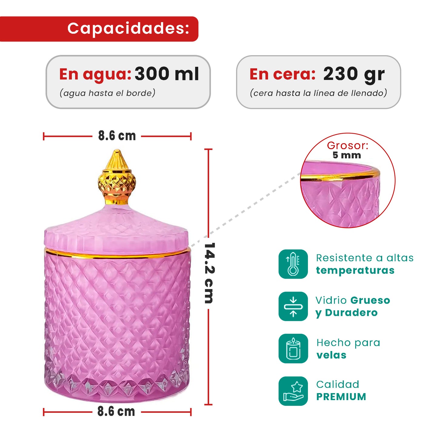 EOL - 300ml - París Vaso de lujo de vidrio para velas - Frasco Rosa Claro Pink Pastel con Oro