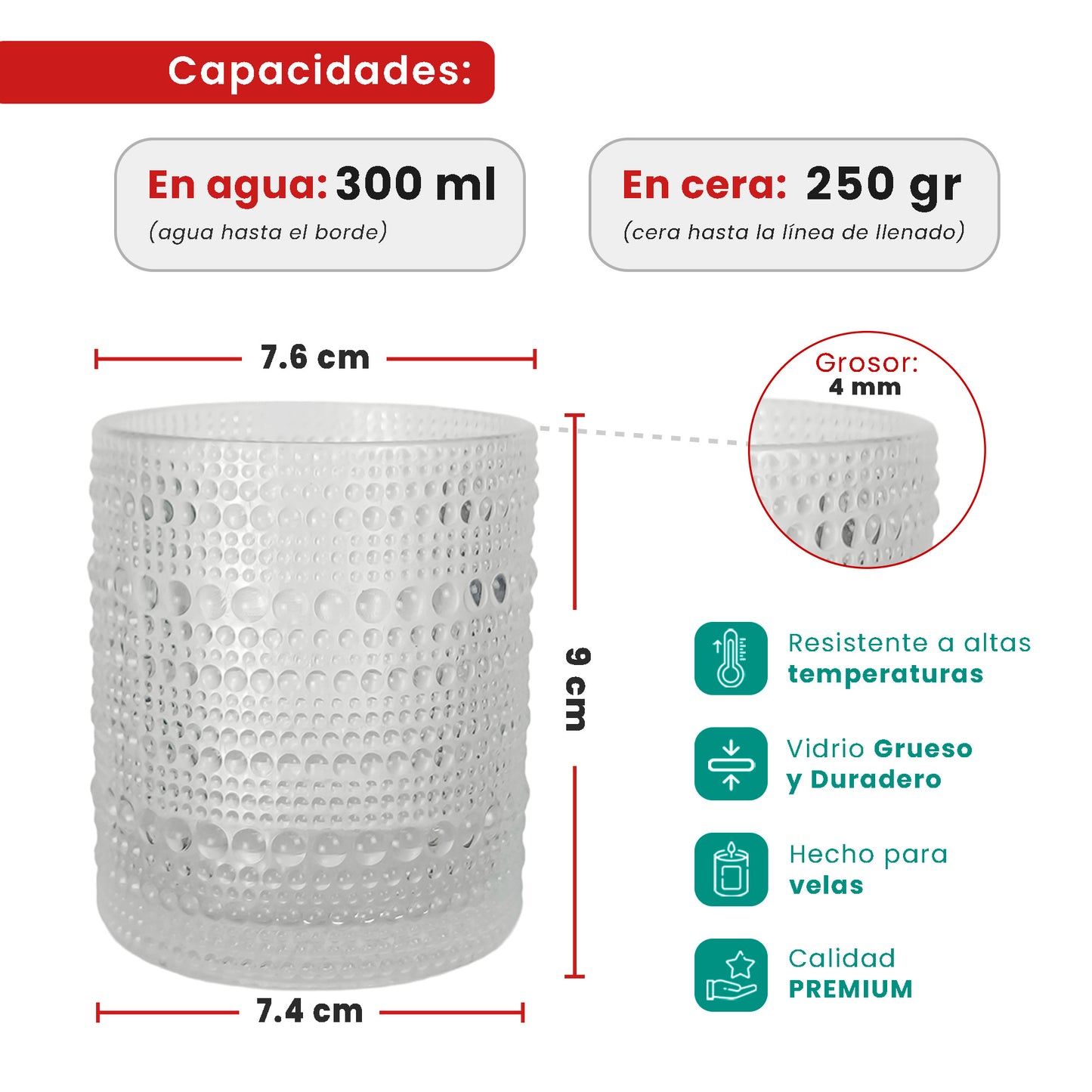 EOL - 300ml - Tahití Vaso de vidrio con Diseño Perlado para velas - Frasco Transparente
